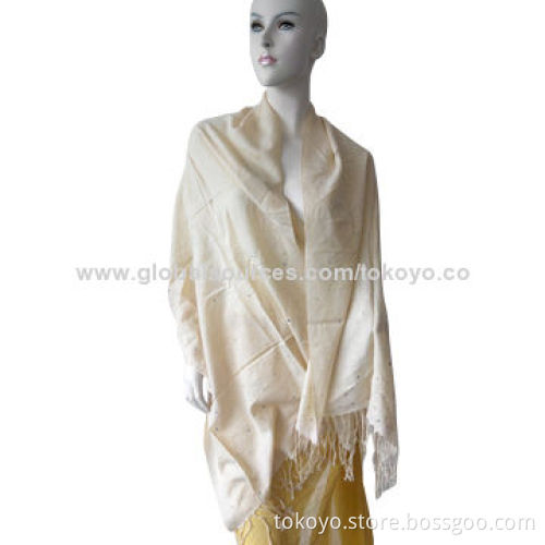 Woven Scarf with Metal Jewelry, Ivory Base with Tassels, Matt Metal Finishing, Sized 180*70+8cm